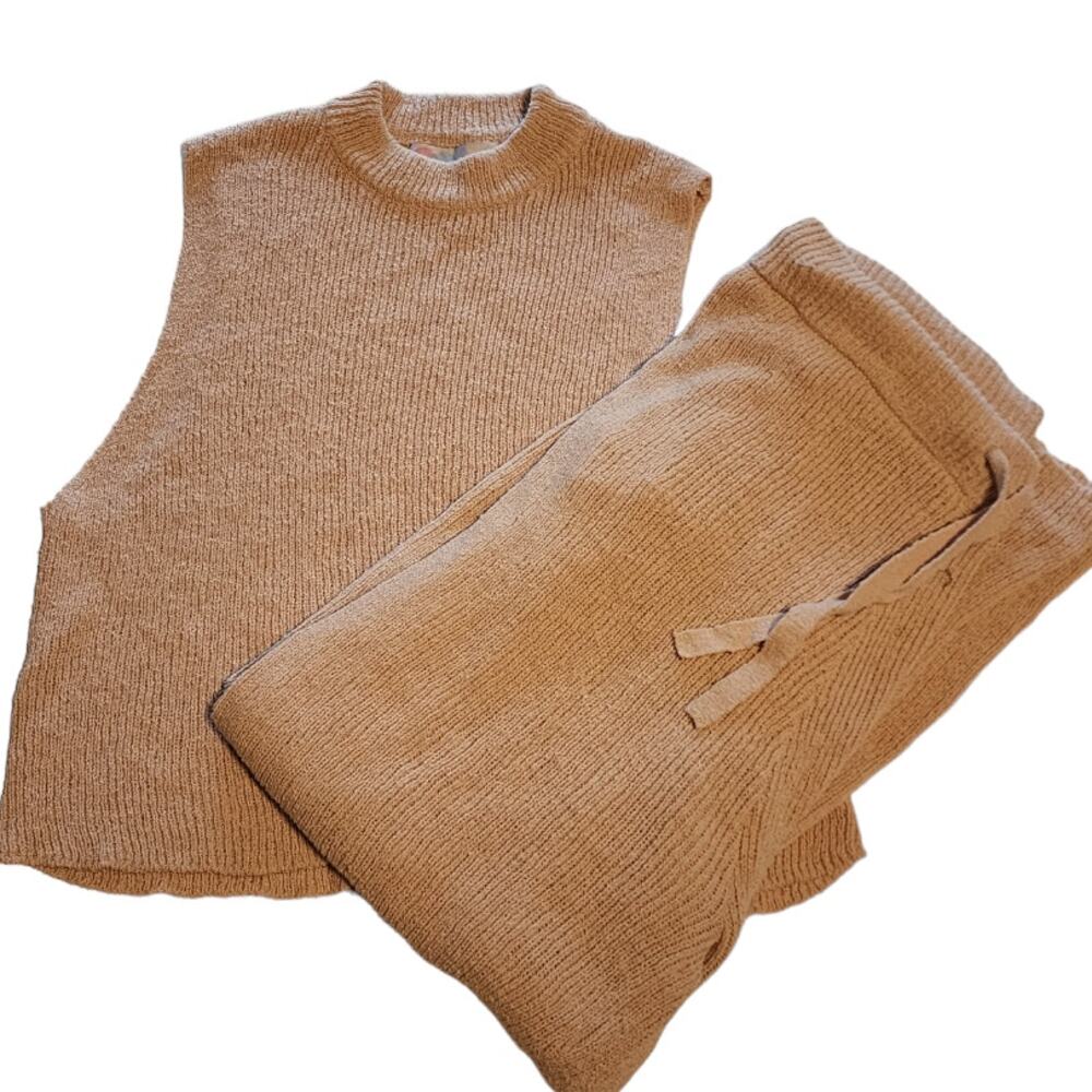Free People Beach Out of Office Set Tan Knit Sleeveless Top & Pants Size XL